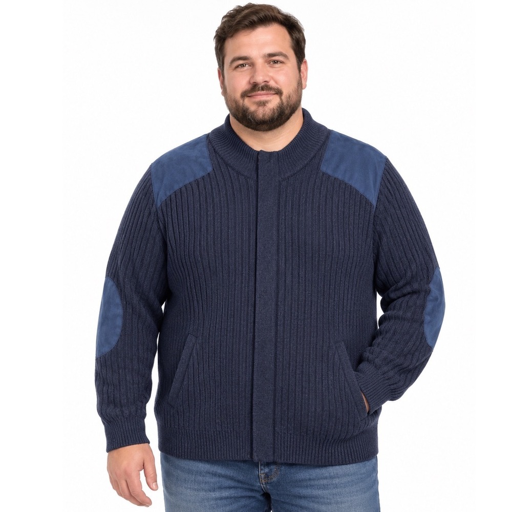 Cabelas Men 2XL Navy 100% Lambswool Full Zip Cardigan Suede Shoulder Elbow Patch